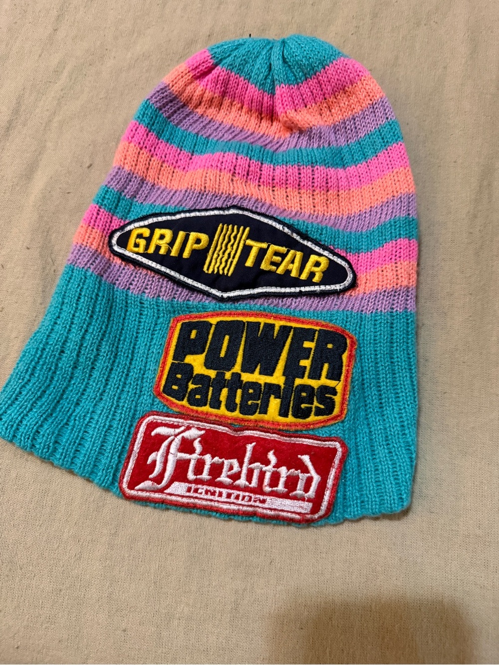 Striped Knit Beanie with 'Grip Tear' Patch size Small